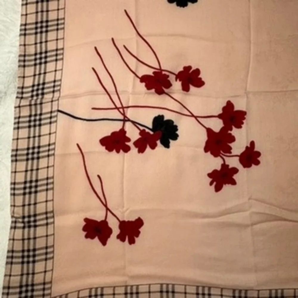Vtg BURBERRY Scarf Handkerchief Floral Nova Check Pink 23x23